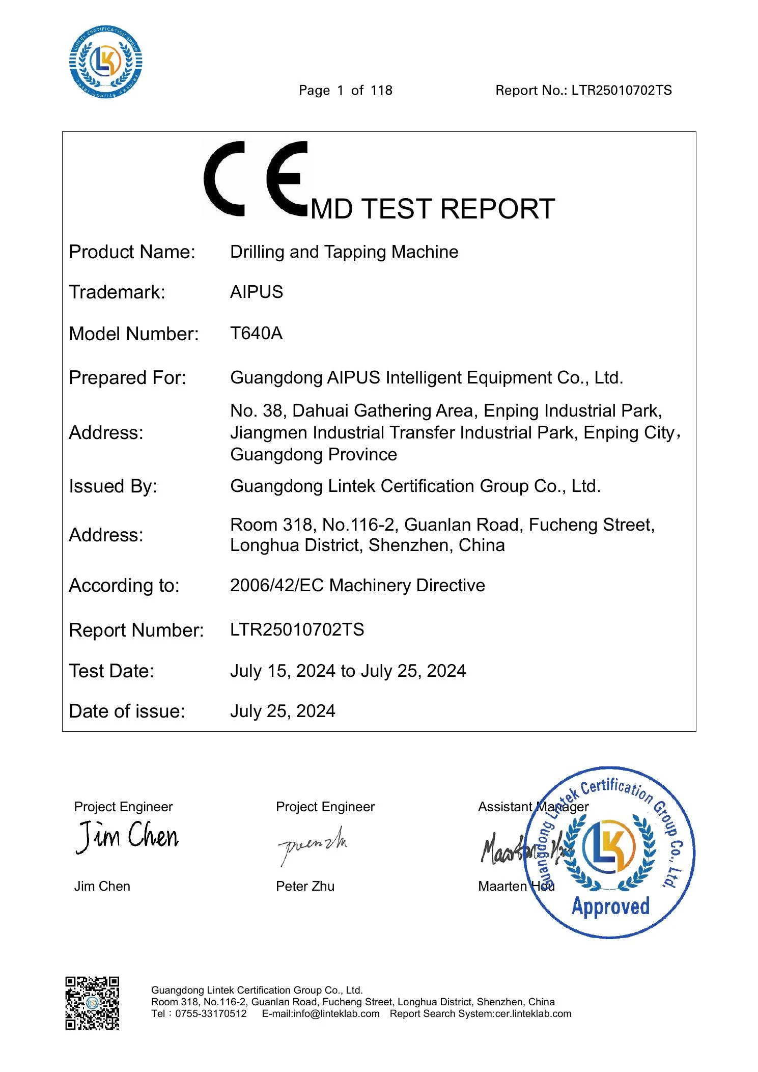 CE Machinery Directive Test Report preview